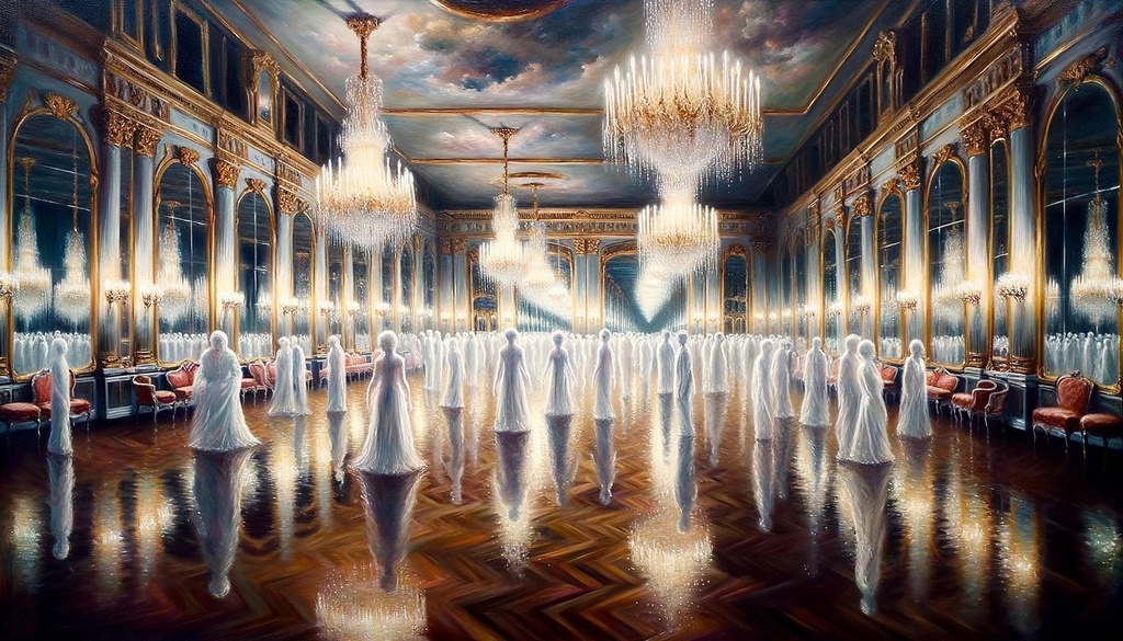 Prompt: Oil painting of a grand ballroom with floor-to-ceiling mirrors. Ghostly figures appear to step out from the reflections, their forms shimmering and translucent.