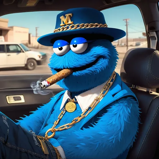 Prompt: gangster cookie monster with a gold chain around his neck and smoking a joint in his mouth driving a blue scion xb in the driver seat