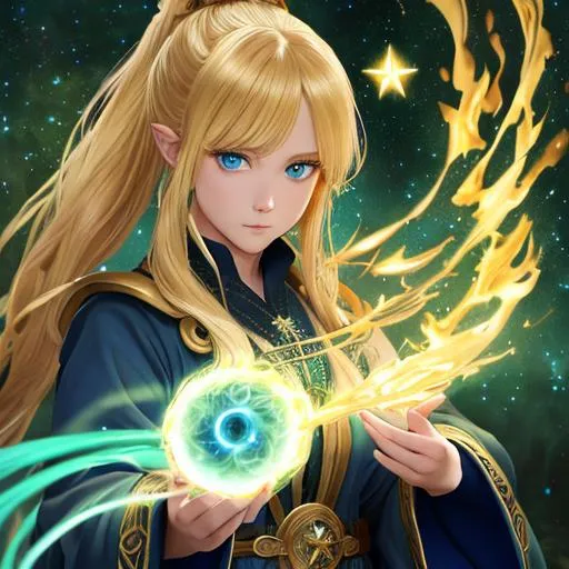 Prompt: "Full body, oil painting, fantasy, anime portrait of a young hobbit woman with flowing golden blonde hair in a ponytail and dark blue eyes | Elemental stars cleric wearing intricate green wizard robes casting a healing spell, #3238, UHD, hd , 8k eyes, detailed face, big anime dreamy eyes, 8k eyes, intricate details, insanely detailed, masterpiece, cinematic lighting, 8k, complementary colors, golden ratio, octane render, volumetric lighting, unreal 5, artwork, concept art, cover, top model, light on hair colorful glamourous hyperdetailed medieval city background, intricate hyperdetailed breathtaking colorful glamorous scenic view landscape, ultra-fine details, hyper-focused, deep colors, dramatic lighting, ambient lighting god rays, flowers, garden | by sakimi chan, artgerm, wlop, pixiv, tumblr, instagram, deviantart