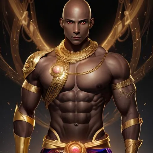 Prompt: portrait of a bald dark-skinned Adonis with very brightly glowing golden eyes and abs
