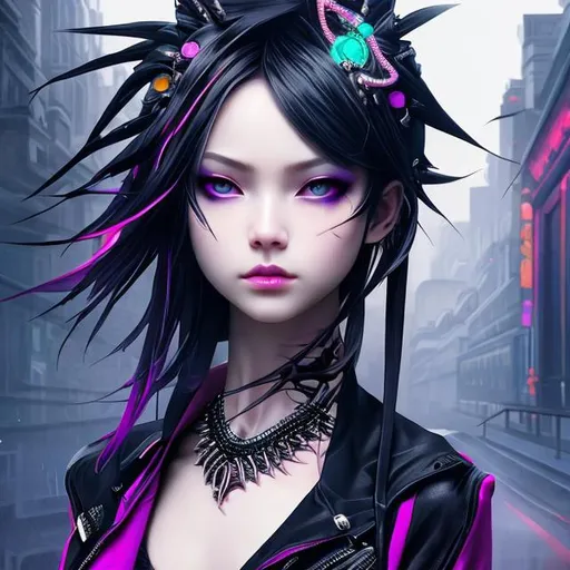 Prompt: neon punk. mysterious lady. insanely beautiful. perfect anatomy. symmetrically perfect face. beautiful long black. beautiful amber eyes. hyper realistic. super detailed. soft colours. no extra limbs or hands or fingers or legs or arms. standing on the street.
