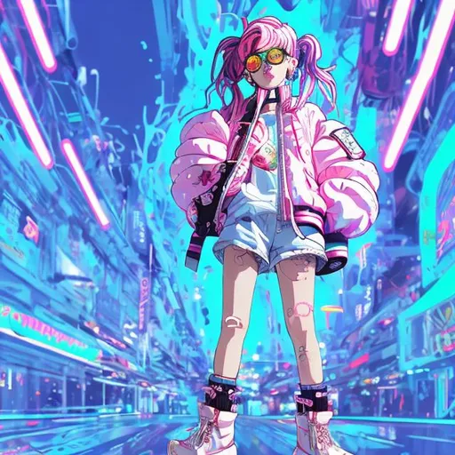 Prompt: wide standing view, full body view, cute petite 21 year old anime girl, pink hair, two braided pigtails, stylish, sunglasses ((white, oval frame)), puffy bomber jacket, black combat boots, highly stylized artstyle, messy abstract backround with neon signs, wide view, digital illustration, ultra hd,  motion blur, deep blue color scheme, pastel color scheme