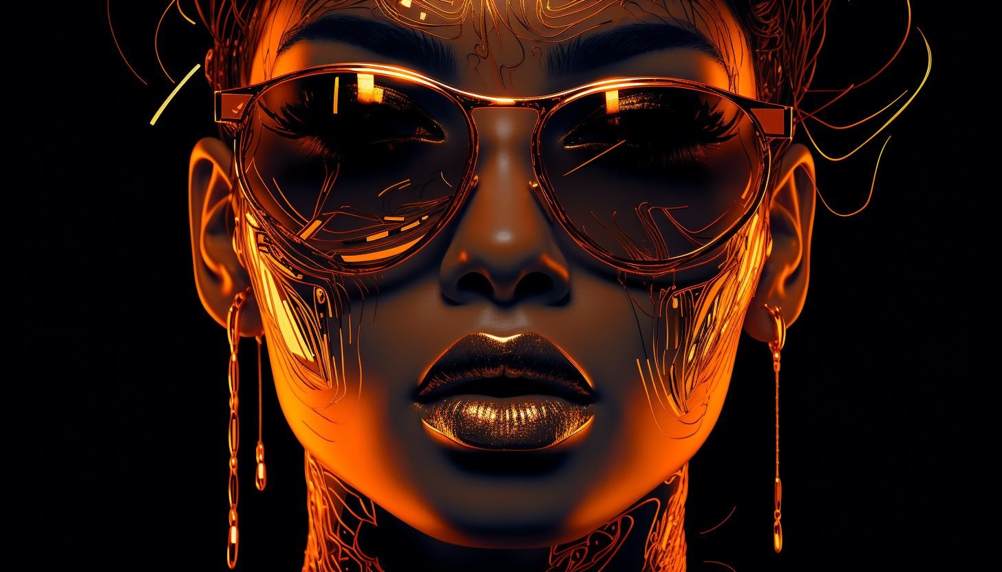 Prompt: art neon neon illustration by lgbtglorious, in the style of dark orange and light gold, wildstyle, hyperrealistic portraiture, 32k uhd, lyon school, dark reflections, detailed line-work
