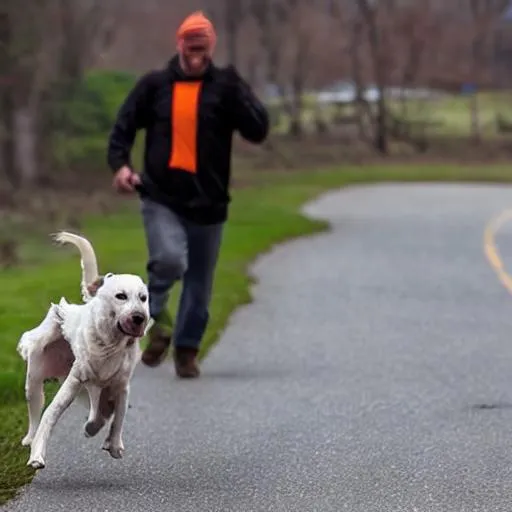 Prompt: a man chasing a dog