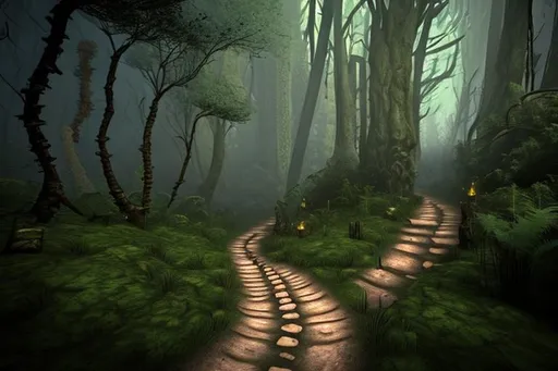 Prompt: Fantasy dirt path in the forest