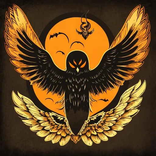 Prompt: Halloween graphic drawing, vintage, retro look, Ghost, spider, goblin, with eagle wings and claws, orange, black and yellow