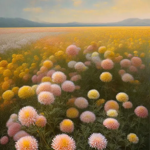 Prompt: a hyper detailed  pastel painting of a field of chrysanthemum in a horizon view
