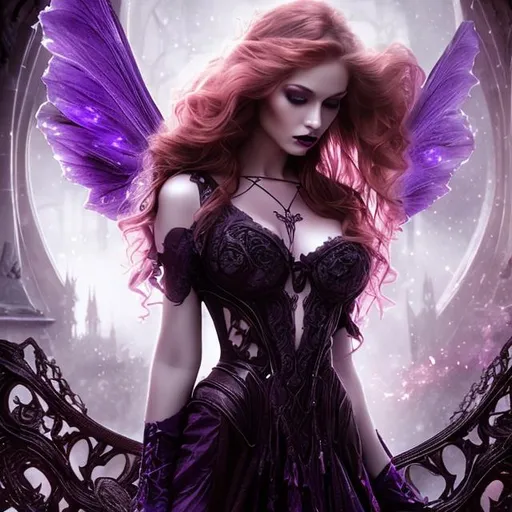 Prompt: HD 4K 3D Stunning, magic, cinematic potrait of gothic nymph, long, curly redhead hair, purple light, sunstrails, perfect female beauty, intricate, pale traslucent skin, magic, rich black dress, ethereal, stunning, gorgeous body, gorgeous eyes