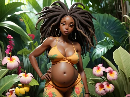 Prompt:  Black   Woman anime  with dread A tropical flower garden  8 months pregnant