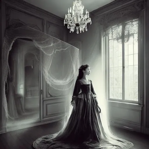 Prompt: Title: "Haunted Elegance"

Description:
Imagine a young girl with long, flowing hair wearing an elegant, vintage dress. She's standing in a dimly lit and cobweb-filled room of an old haunted mansion. Her attire includes a stylish, wide-brimmed hat that casts eerie shadows over her face. The room is filled with antique furniture covered in dust cloths, and the windows are cracked, allowing moonlight to filter in, creating a haunting atmosphere.

Pose:
Position the girl in a slightly tilted pose, as if she's just turned her head to look at something mysterious. Her expression should convey a mix of curiosity and trepidation, as if she's exploring the haunted house. You can also add details like her holding a flickering candle or an antique mirror that reflects a ghostly presence.

Lighting:
Use dramatic lighting to create the spooky ambiance. Illuminate her face and the hat with a soft, warm light source, while leaving the surrounding room in deep shadows. The play of light and shadow will add depth and realism to the portrait.

Setting:
Pay close attention to the haunted house setting. Add cracked walls, peeling wallpaper, and broken furniture to enhance the eerie atmosphere. Incorporate subtle paranormal elements like ghostly apparitions in the background or mysterious mist creeping in from the corners of the room.

Color Palette:
For a haunted look, consider using a desaturated color palette with cool, muted tones. You can add pops of color to the girl's dress or hat to make her stand out in the scene.

Details:
Pay attention to small details like the girl's facial expression, the texture of her dress, the hat's intricate design, and the eerie artifacts scattered around the room. These details will help bring realism to the portrait.

