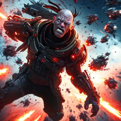 Prompt: middle-aged man in gunfight in space, sci-fi combat space suit, face visible, light stuble, angry red eyes, anime, 4k render, outer space, futuristic epic sci-fi battle black hole
