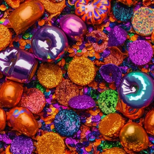 Prompt: Miniature Sequins and Halloween objects in the style of Lisa frank