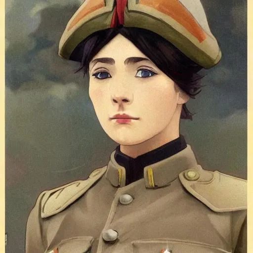 Prompt: front portrait of  soldier girl in ww1 russian uniform, anime style, urban in background, soldier clothing, combat helmet, short hair, hair down, symmetrical facial features, from arknights, hyper realistic, 4 k, rule of thirds, extreme detail, detailed drawing, trending artstation, hd, d & d, realistic lighting, by alphonse mucha, greg rutkowski