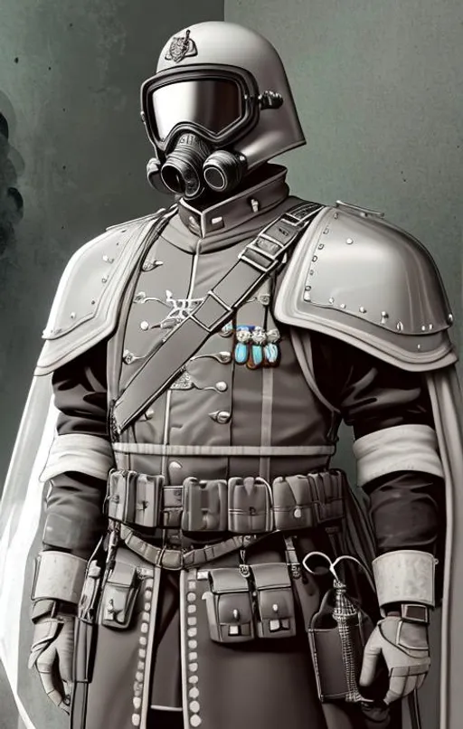 Prompt: Portait of German General  wearing a gasmask and goggles, Black and gray platearmor with  galea helmet of roman armor  WW1, white real color,  Hyperdetailed photorealism, 108 megapixels, amazing depth, powerful imagery, psychedelic Overtones, 3D finalrender, 3d shading, cinematic lighting, artstation concept art.
