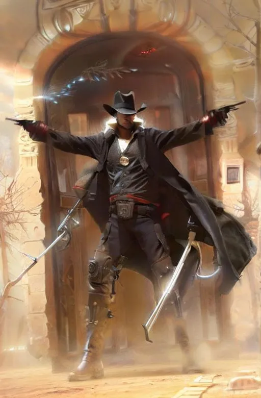 Prompt: Cyber Cowboy with 4 Arms, fiery red Poncho, Dressed in black duster and Stetson Cowboy Hat, with Red eyes, Haunting Presence, Intricately Detailed, Hyperdetailed, Desert Wild West Landscape, Dusty Midnight Lighting, Wild West Feel