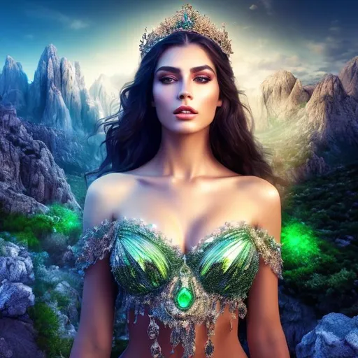 Prompt: HD 4k 3D 8k professional modeling photo hyper realistic beautiful woman ethereal greek goddess of the memory
black hair light eyes gorgeous face black skin white and green shimmering dress jewelry and crown full body surrounded by magical glowing light hd landscape background mountains and river 