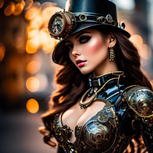 Prompt: Please produce a photograph of a steampunk robotic beautiful female android, brunette, with fantasy colors, flashy lights, in a dark background, high quality, trending art, trending on artstation, sharp focus, studio photo, intricate details, highly detailed, UHD, HDR, 8K, ((Masterpiece))