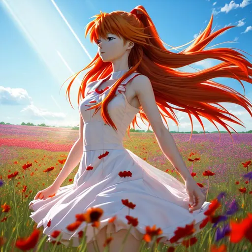 Prompt: masterpiece| best quality| asuka langley wearing a dress| dancing in a field of flowers| detailed face| intricate| god rays

8k grafict smooth HD 