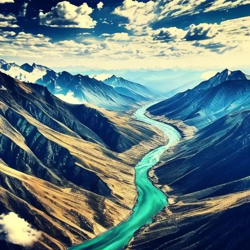 Prompt: Beautiful picture of mountains, rivers, clouds and sky
