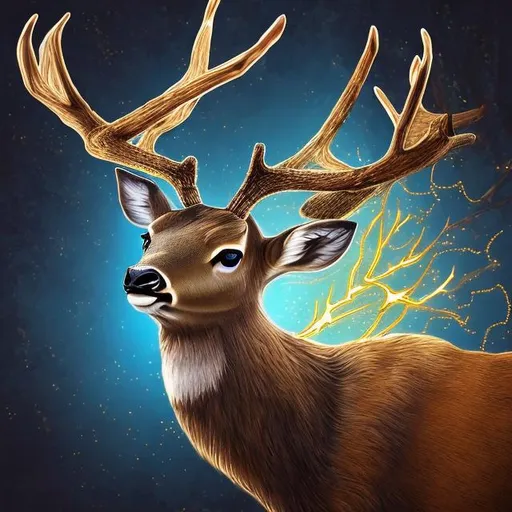 Prompt: deer with glowing blue eyes and golden wings
