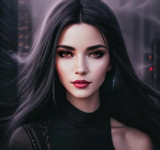 Prompt: Ambient night scenery. City, cybernoir, Sci-fi, dress, dystopian, Mist, smoke. Analog style portrait+ style, Hyperealistic 8k shot, high-resolution, looking into the camera, Up-close focus, Highly detailed face, UHD, HD, 8k. Portrait of woman with long black hair, gray eyes, full lips, bushy eyebrows, straight nose,  soft features, fair skin, black dress and holds a skull in her hands.  Practical clothes, deep blue, silver and metallic details, stealth