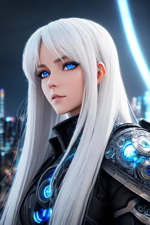 Prompt: Dystopian, High Detail RAW color Photo, Full Shot, upper half view, (cute and innocent female), long stray white hair, elegant, detailed face, detailed glowing blue eyes eyes, centered, big black wings. blue power behind her

standing on an overlook, looking out at sprawling cyberpunk city skyline, perfect face, (highly detailed, fine details, intricate), (lens flare:0.5), (bloom:0.5), raytracing, specular lighting, shallow depth of field, 200mm lens, hard focus, smooth, cinematic film still, vanishing line,

masterpiece, professional work, HD, UHD, 64K, 128K,