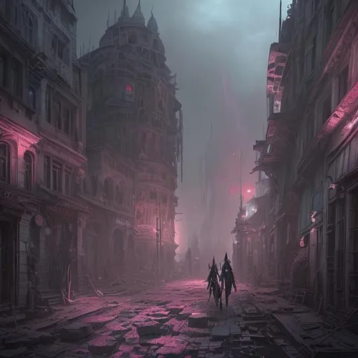Prompt: extreme long shot concept art depicted old ruined subterrean drow town, dramatic mood, overcast mood, dark fantasy environment, arcane pink glow , dieselpunk, bodyhorror building, mutation flesh, corruption,  art inspired by warhammer and arcane, art by Cédric Peyravernay and HR Giger
