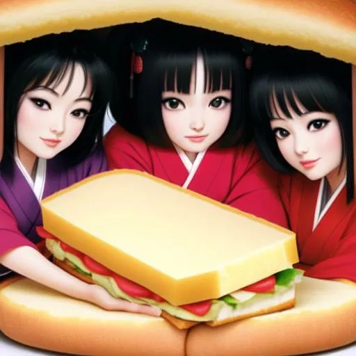 Prompt: Sure, here is the prompt with the women laying inside the sandwich instead of sitting on top:


**Close-up of three gorgeous miniature Japanese women laying inside a huge cheese sandwich. The cheese sandwich is 40,000 times bigger than the women.**

The women are all wearing traditional Japanese kimonos. They are laying inside the cheese sandwich, with their heads resting on the bread and their bodies curled up in the cheese. The cheese sandwich is made of all sorts of different cheeses, including cheddar, Swiss, and mozzarella. There are also slices of tomato and lettuce, and a smear of mayonnaise.

The women are all asleep, looking peaceful and content. The cheese sandwich is so big that it takes up the entire frame of the image. The women are dwarfed by the cheese sandwich, but they look very safe and secure.

The image is very peaceful and serene. The women's kimonos are soft and flowing, and the cheese sandwich is a warm and inviting color. The image is a perfect representation of the comfort and security of home.

I hope you like this prompt!