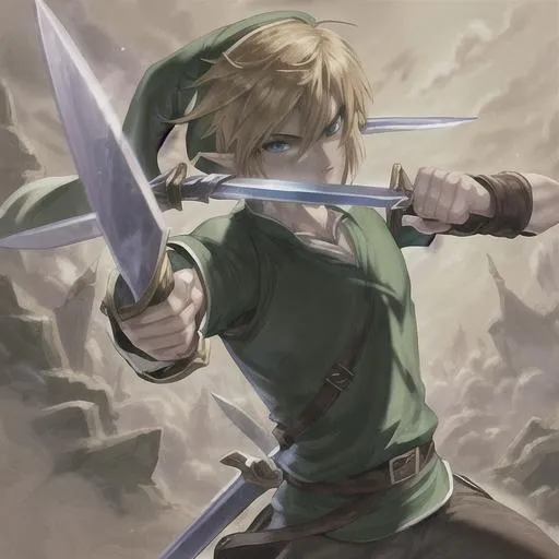 Prompt: Adult Link ready to fight holding sword