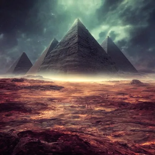 Prompt: a desolate landscape with massive ancient alien pyramids, cosmic, interstellar, vivid sky, digital art, psychedelic, concept art, intricate, epic, depth, highly detailed, mysterious, octane render, 4k hyper-realistic, hyper-detailed, high quality, large image
