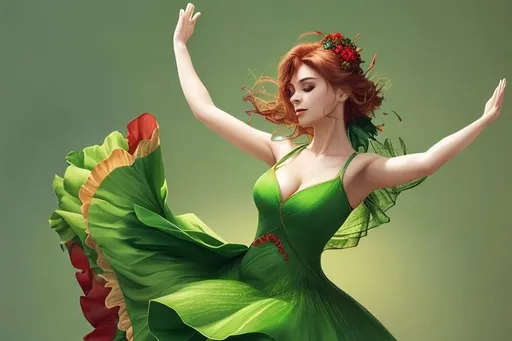 Prompt: beautiful-dancing-woman-drawn-green-dress-with-red-tail