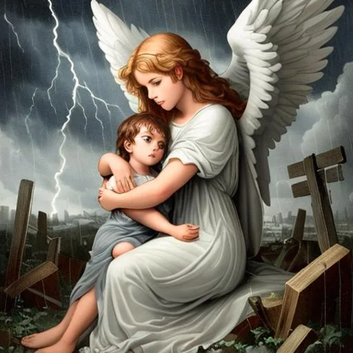 Prompt: protective guardian angel and child in a storm