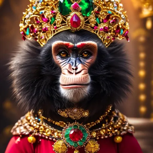 Prompt: a gorgeous and breathtaking 4k hdr photo of a Monkey empress, with green eyes, wearing a long red and blue dress, holding a giant golden cross with beautiful red ruby jewels and skulls embedded into it