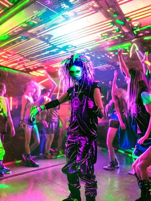 Prompt: Futuristic galactic high tech 90’s rave culture alien  teen raver warehouse dance club party 