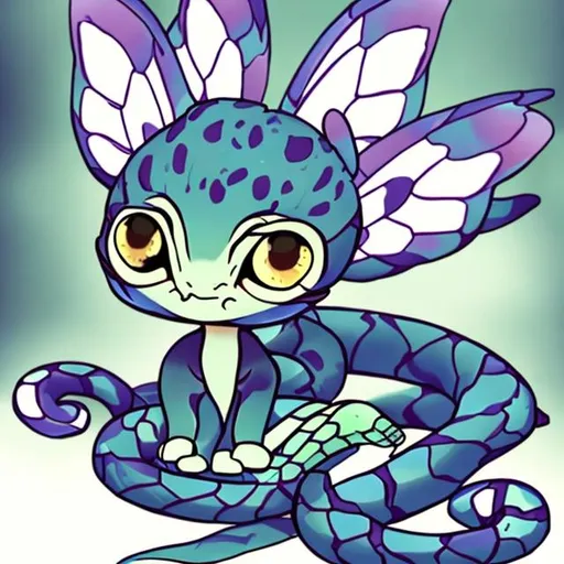 Prompt: Snake cat hybrid, with butterfly wings cute, chibi