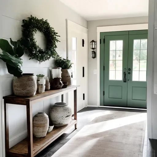 Prompt: Farmhouse entry with console tables and pottery with greenery 