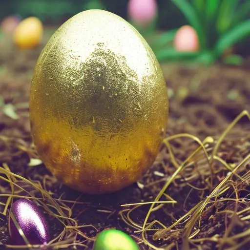 Prompt: Foil Easter eggs forgotten in the garden, macro shot, canon, Kodak, bright, aesthetics, commercial