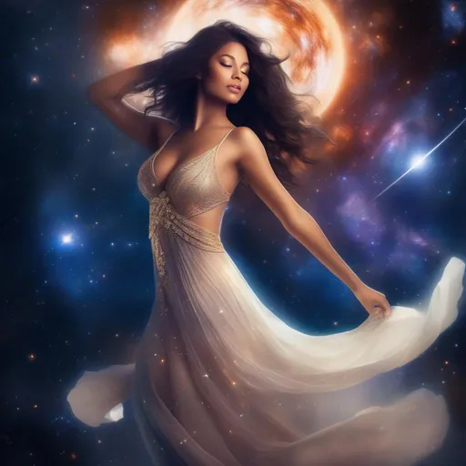 Prompt: exquisite, glowing Goddess in a flowing dress, incredible all body form of a incredible bodied, incredibly beautiful faced woman with a buxom perfect body falling backwards through space, nebulas, stars, planets, the milky way and galaxies