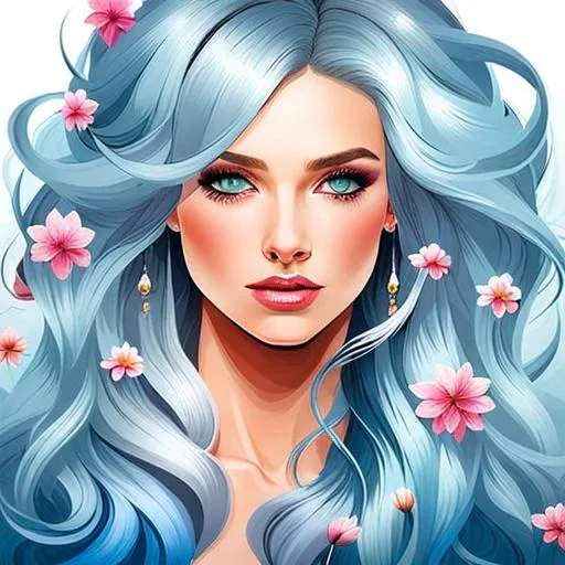 Prompt: Woman with thick silver hair, blue eyes, flowers in hair,ice blue color scheme