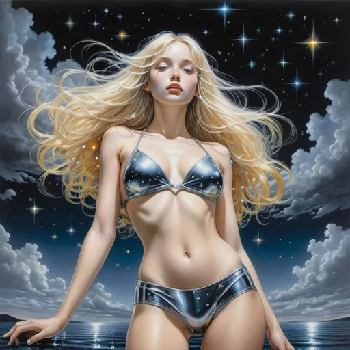 Prompt: Hajime Sorayama, Surrealism Mysterious strange fantasy. A beautiful girl with long blonde hair, wearing only metallic swimming trunks and a perfectly voluminous body.  floating in the night sky among gray clouds. night sky with colorful bright stars. detailed masterpiece