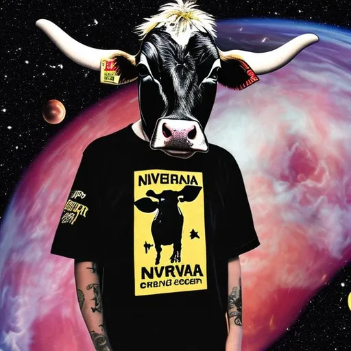 Prompt: A cow in a Nirvana shirt in space 