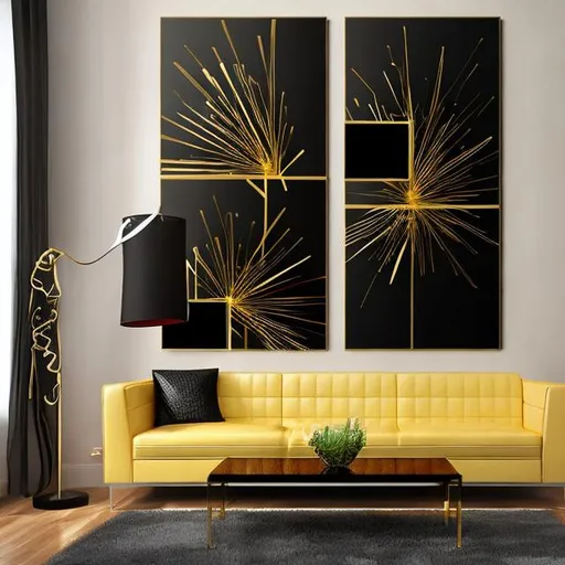 Prompt:  Wall art black, gold and red