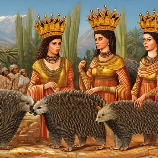 Prompt:  King Solomon's wives with porcupines
