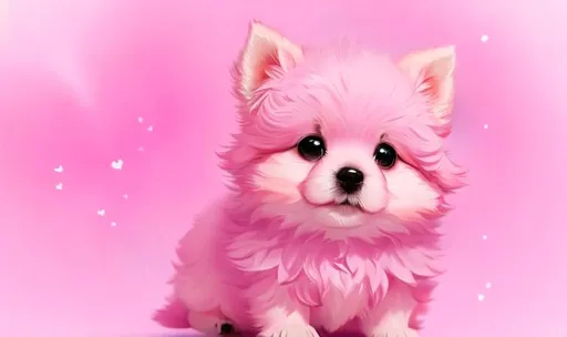 Prompt: Cute, pink, fluffy, fantasy love puppy, with light, pink eyes, very, pink fur, and possessing the element of love and making circles of hearts move around in the air in a magical way, background with pink fluffy hearts. Perfect features, extremely detailed, realistic. Krenz Cushart + loish +gaston bussiere +craig mullins, j. c. leyendecker +Artgerm.