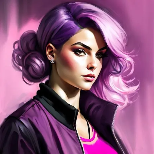 Prompt: Spy girl with pink and purple hair with pink and black themed clothes 

