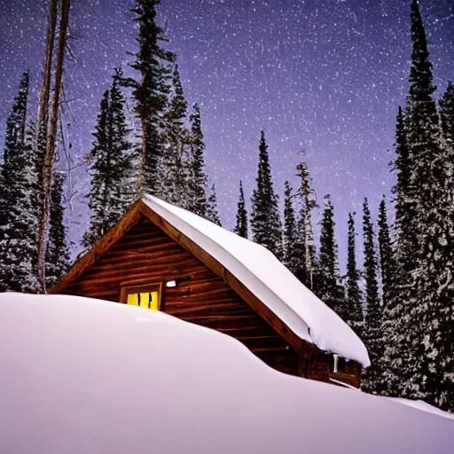 Prompt: A cabin covered in snow on a mountain in Alaska at night with a light illuminating from the windows
