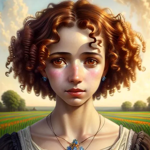 Prompt: An ethereal highly detailed painting of a very beautiful very poor 1920's migrant worker woman, tattered clothes, perfect complexion, gorgeous clean face,
curly auburn hair, award-winning,  Cinematic fantasy atmosphere, farm field, hot sun, cgi, artgerm