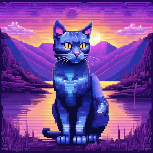 Prompt: (pixel art), 32-bit, beautiful {blue cat}, with {silver eyes}, looking at viewer, glaring through fourth wall, layers of purple mountain silhouettes, magical fantasy crystal lake, twilight, highly detailed, beautifully detailed shading, complementary colors, golden ratio