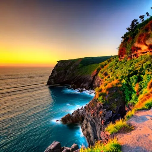 Prompt: CLiffside landscape with ocean and sunset