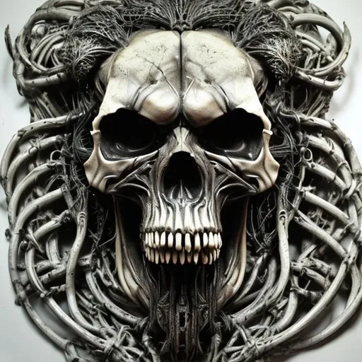 Prompt: Skull of a lion in the style of HR Giger.